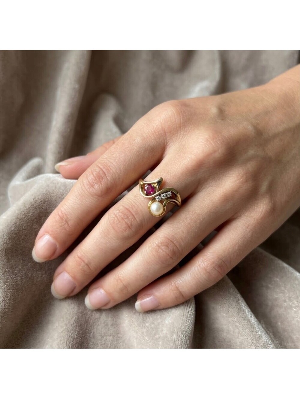 Cultured Pearl, Ruby, Diamond, 14k Ring